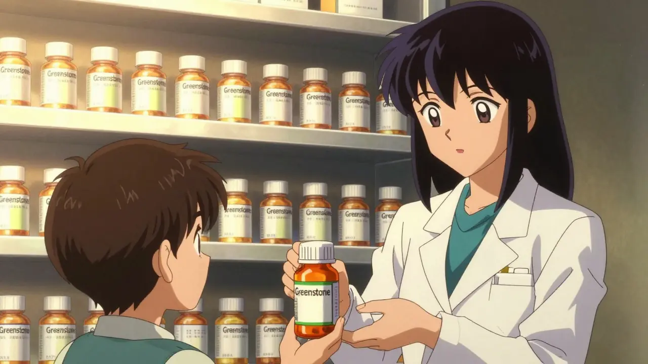 Pharmacist handing a generic prescription to a patient, with memory flash of the brand-name version.