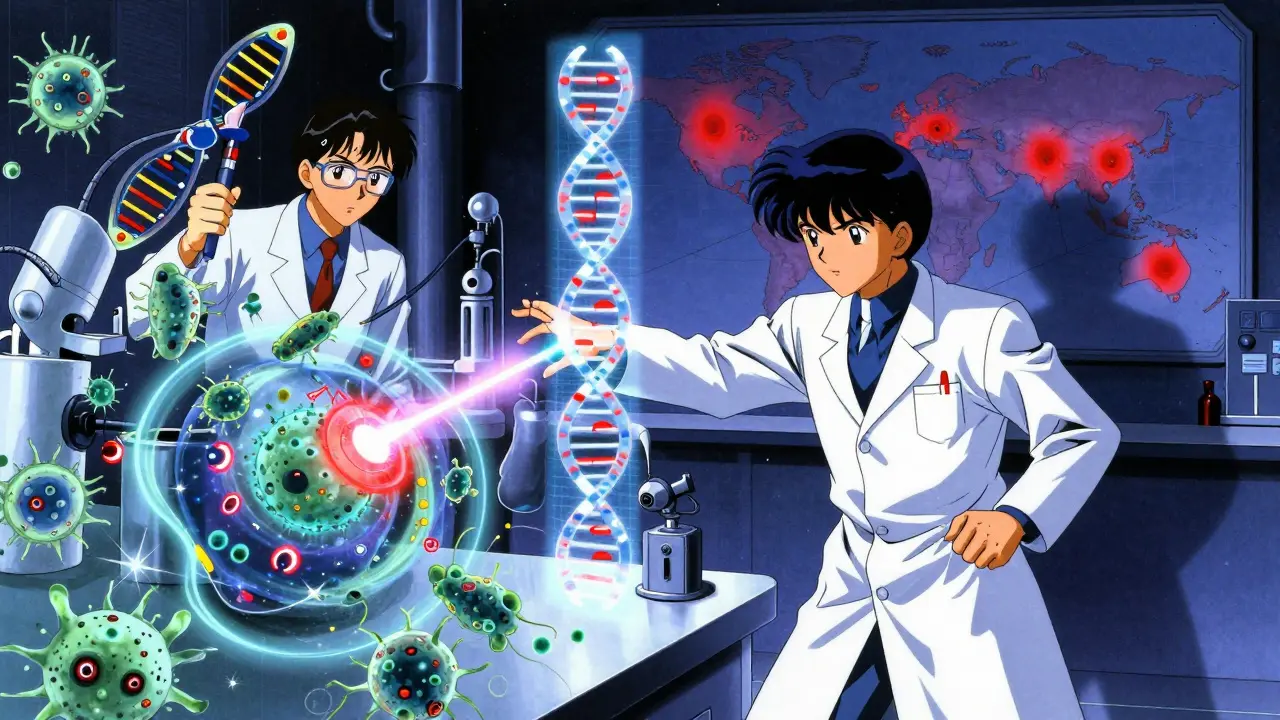 Scientists using laser technology to erase resistance genes from glowing bacterial colonies in a high-tech lab.