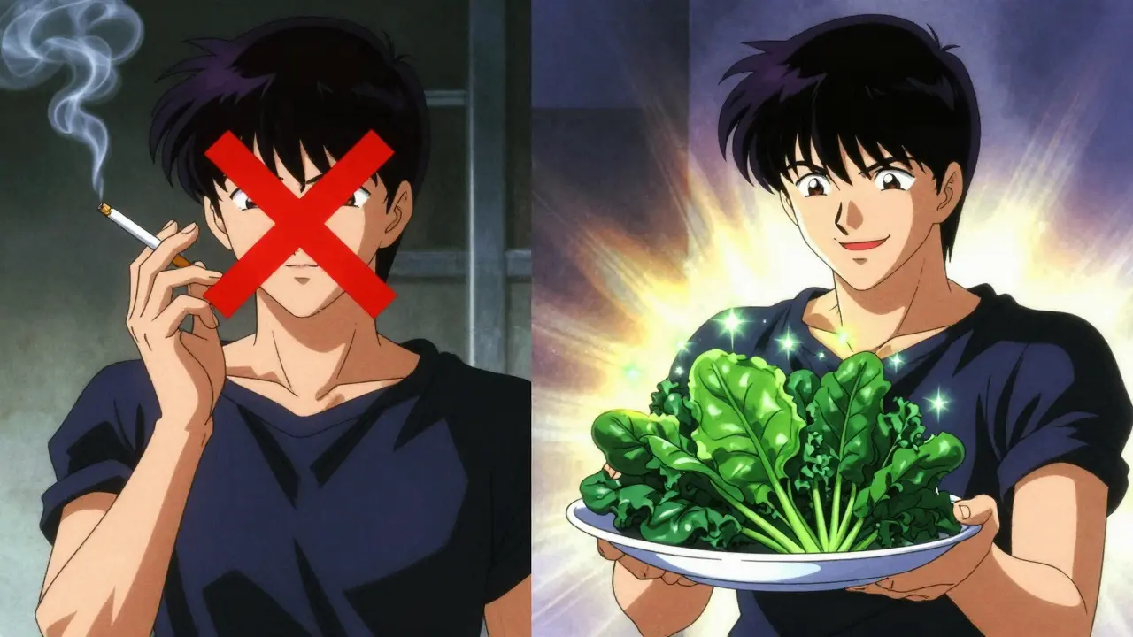 Split scene: former smoker turning away from cigarette toward leafy greens with glowing nutrients