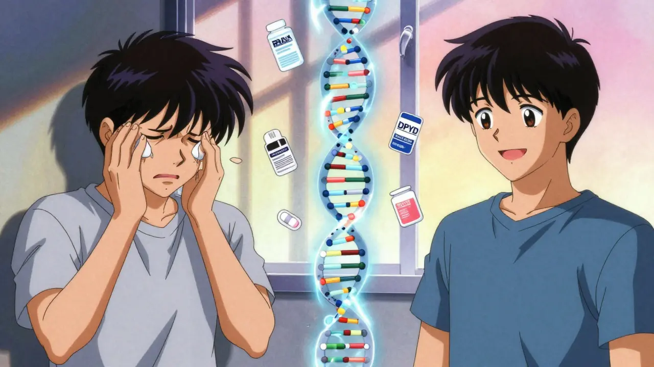 Split scene: one person sick from generic chemo, another healthy after genetic testing, DNA strand healing between them.