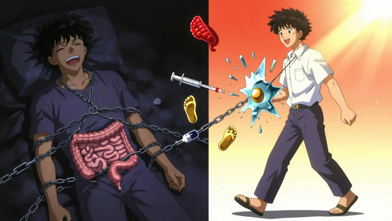 Split scene: patient trapped in dark bloating vs. same patient walking in sunlight as opioid chains break.