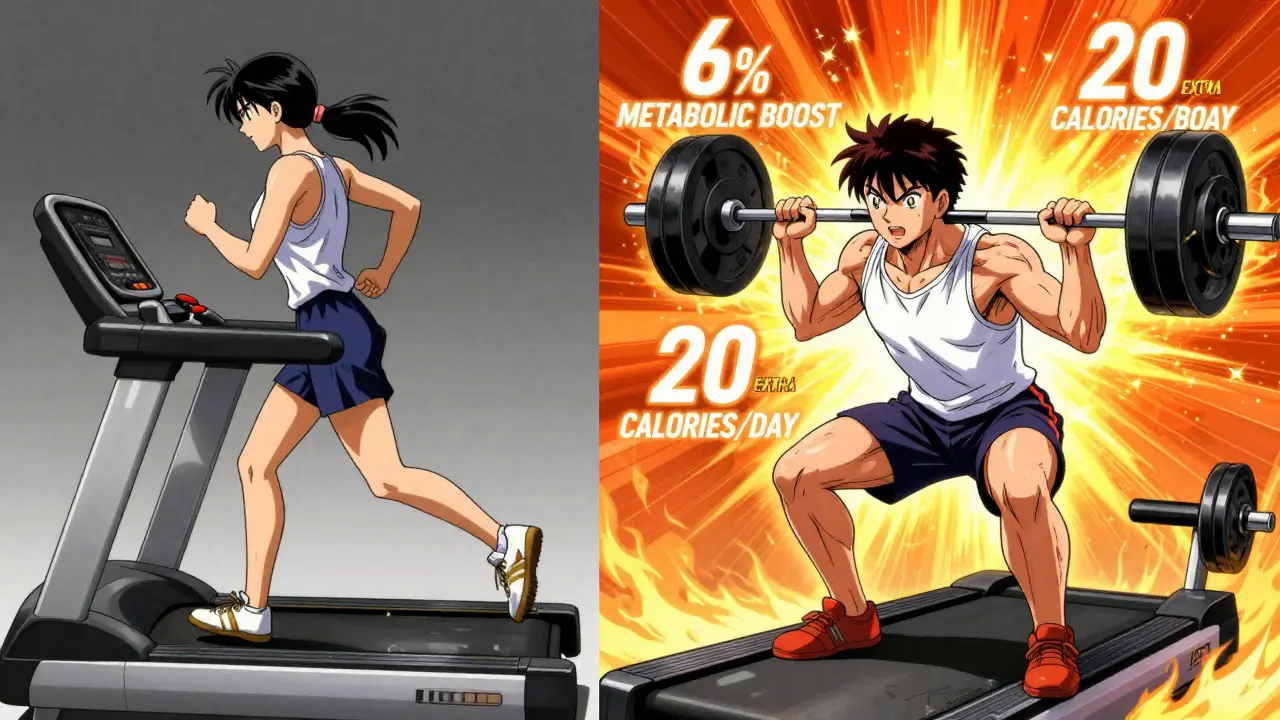 Split-screen: dull cardio on left, powerful deadlift with glowing stats on right, 90s anime aesthetic.