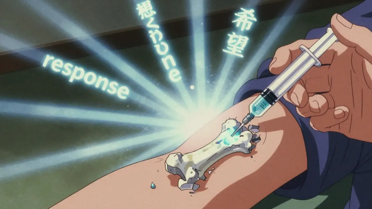 Syringe injection with radiant energy transforming crumbling bone into bright new bone tissue in time-lapse animation.