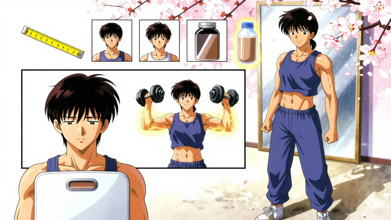 Three-panel transformation: scale sadness to muscle glow to confident mirror reflection, cherry blossoms floating.