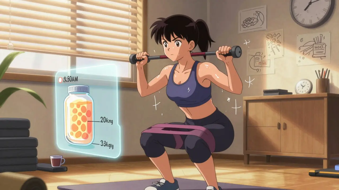 Woman doing squats with resistance bands at home, morning light, energy lines showing muscle effort.