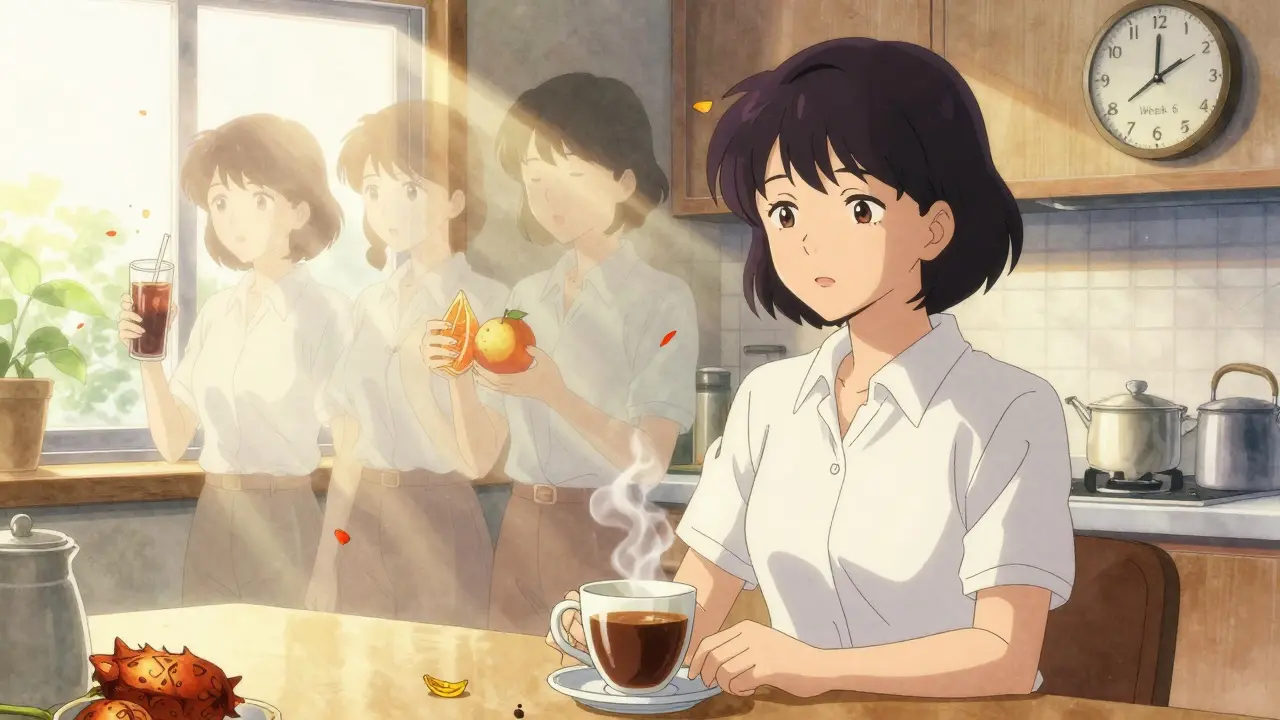 Woman drinking stevia coffee as past selves fade away, monk fruit petals floating, warm sunlight.