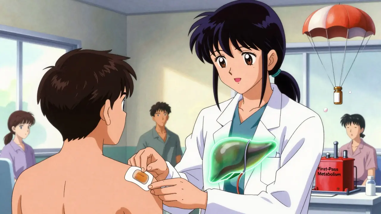 A fentanyl patch applied to skin while a healthy liver bypasses damaged metabolism, symbolizing safer pain management.