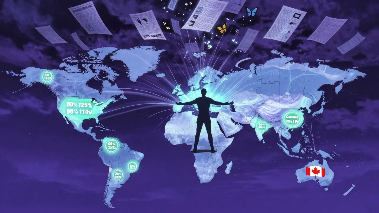 A global map of countries with glowing bioequivalence ranges converges toward a patient at the center.