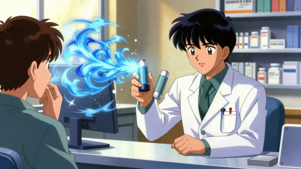 A patient's asthma attack is visualized as chaotic energy escaping from a faulty generic inhaler.