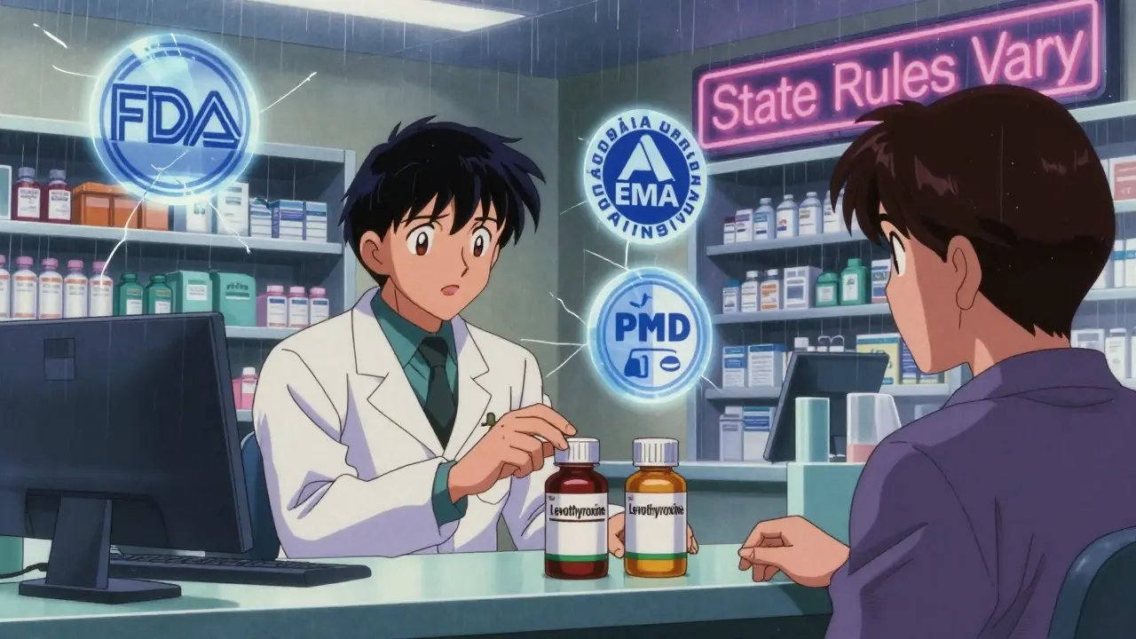 A pharmacist hesitates at a pharmacy counter while a patient watches anxiously, regulatory logos floating above.