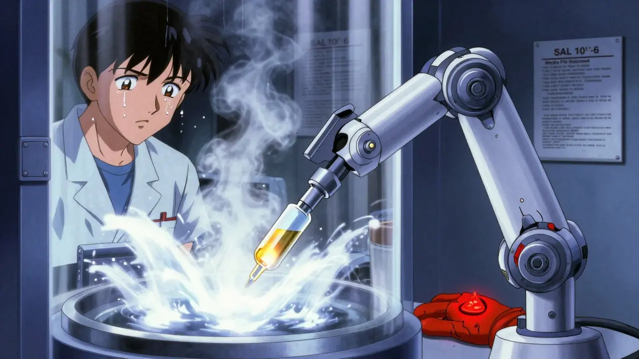 A robotic arm fills vials in a steam sterilizer while a technician watches nervously, a cracked glove glows with contamination warning.