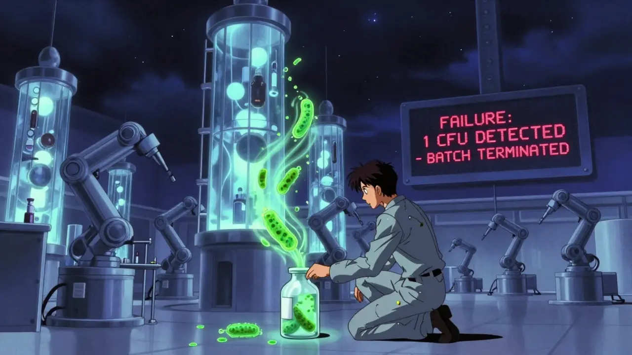 A worker kneels beside a spilled vial with glowing bacteria as robotic fillers operate in a futuristic facility, a red failure alert flashes in the background.