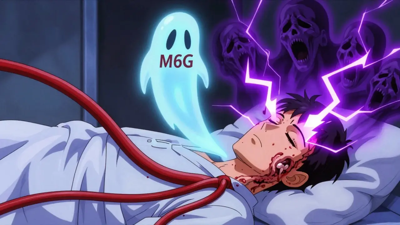 Blood vessels contrasting health and disease, with toxic morphine metabolites causing hallucinations in a sleeping patient.