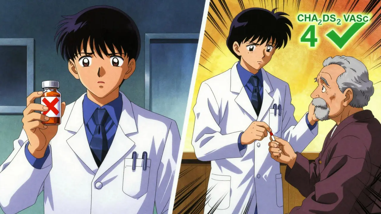 Doctor handing DOAC pill to patient while warfarin is crossed out, CHA₂DS₂-VASc score glowing above.