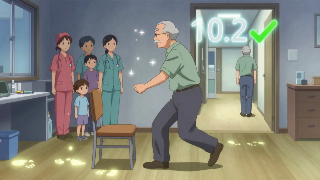 Elderly man performing balance test with glowing timer, safe home environment behind him.