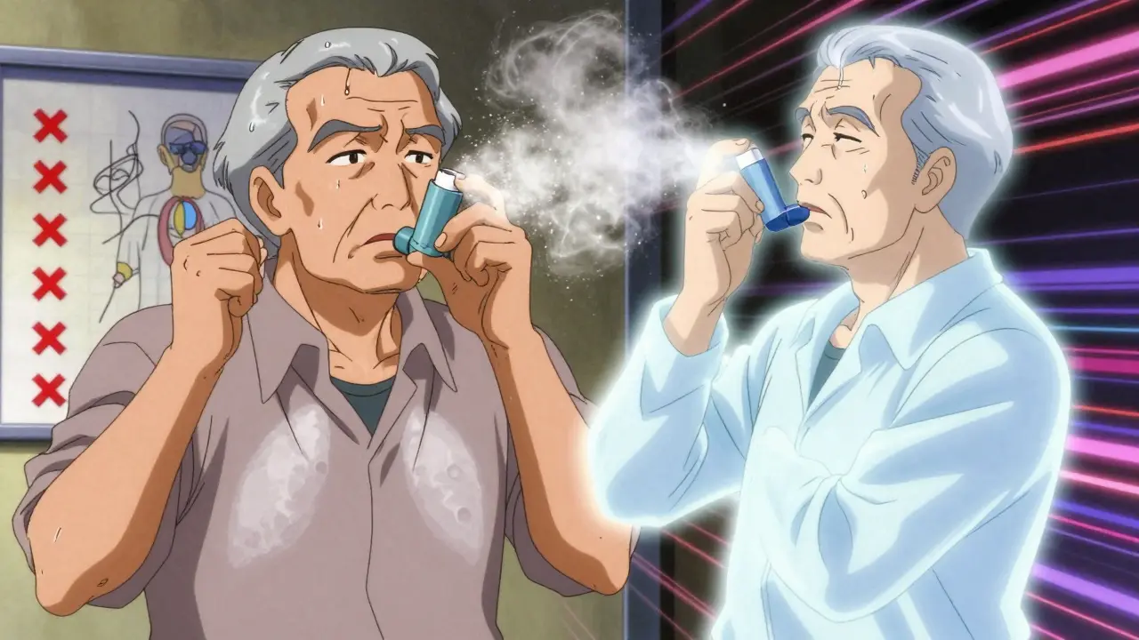 Elderly man struggling with a dry powder inhaler, particles failing to reach lungs.