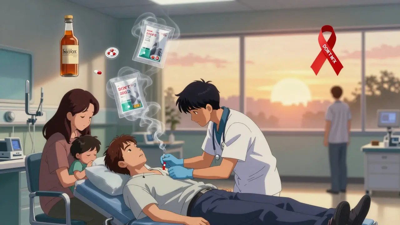 Emergency responders working on a patient in a hospital as floating symbols of alcohol and opioids fade into smoke.