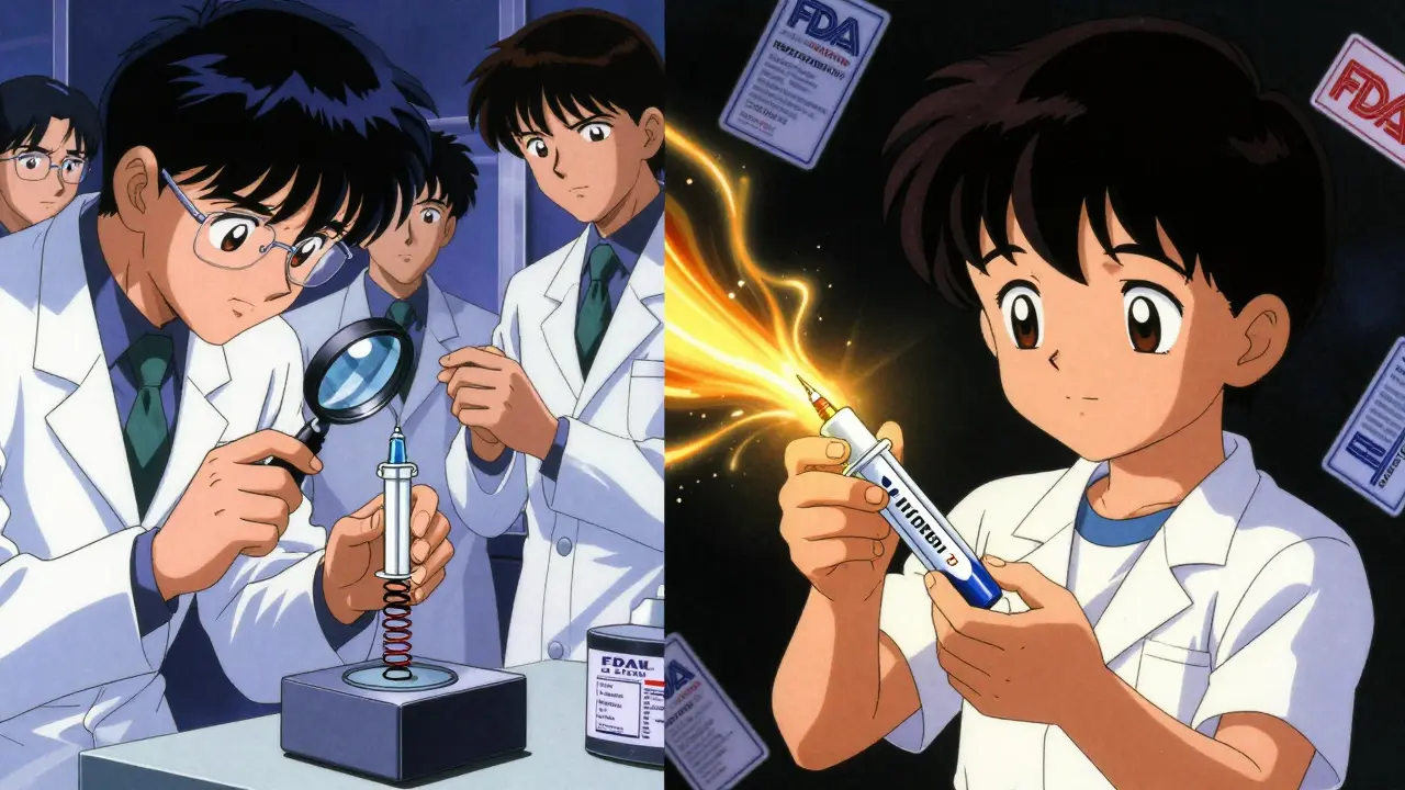 Engineers test a generic auto-injector while a child uses the branded version with smooth, confident delivery.