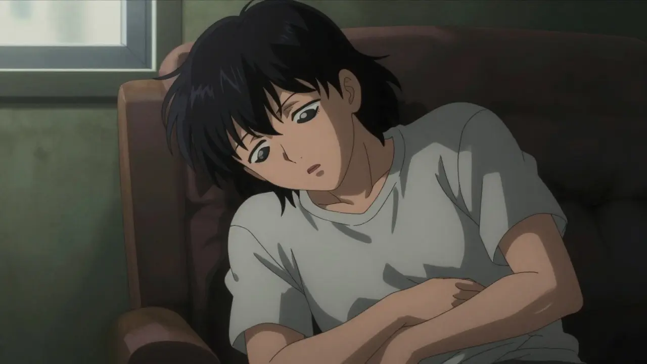 Exhausted person with dark circles and dizziness symptoms.