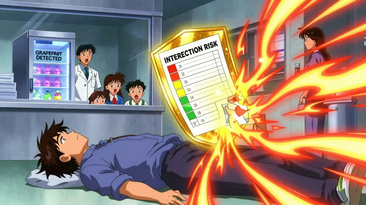 Glowing checklist protecting a patient from dangerous drug-food interactions in an emergency room.