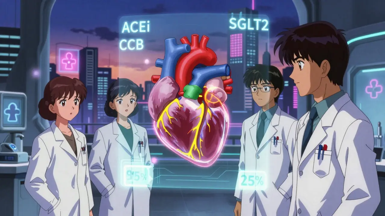 Holographic heart with four colored pathways merging into one pulse in a futuristic lab.