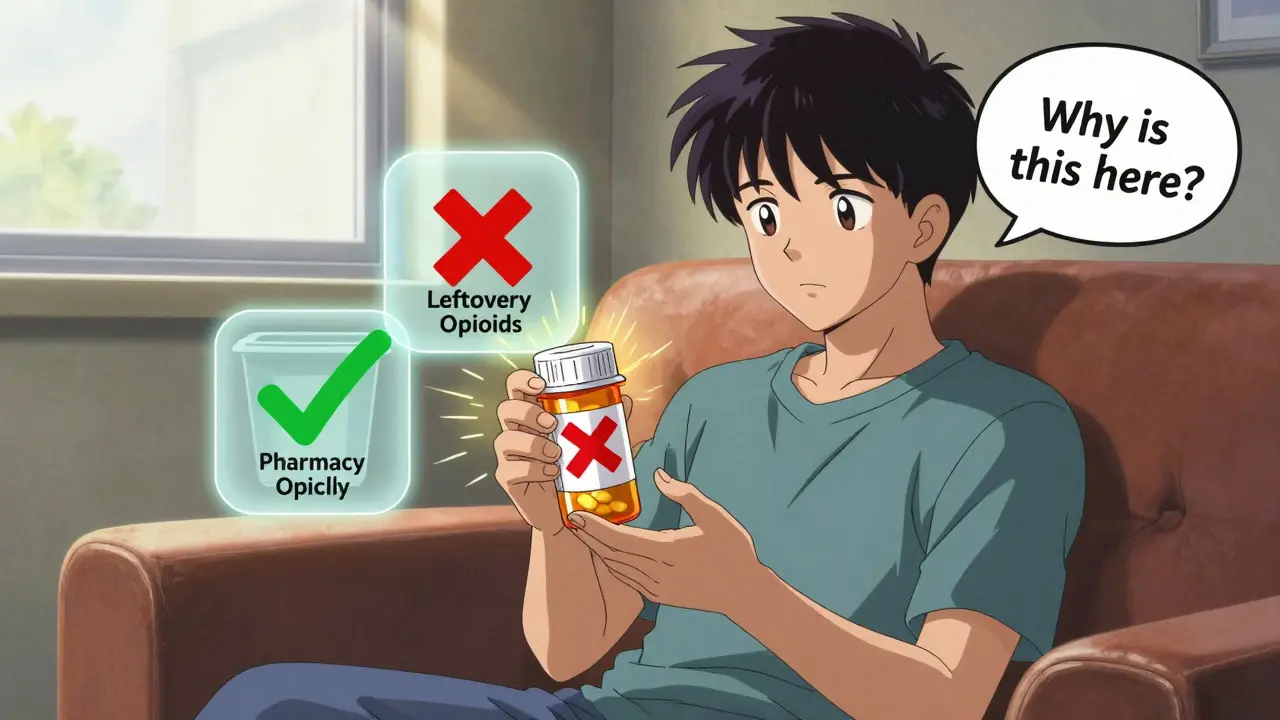 Patient at home examining prescription bottle with floating icons showing safe disposal and questioning medication