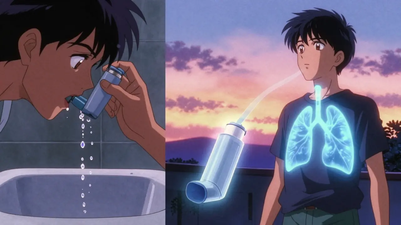 Person rinsing mouth after inhaler use, later breathing easily at sunset.