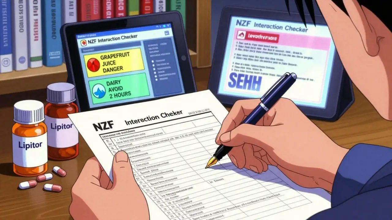 Person writing a detailed medication checklist with pill bottles and digital interaction alerts in background.