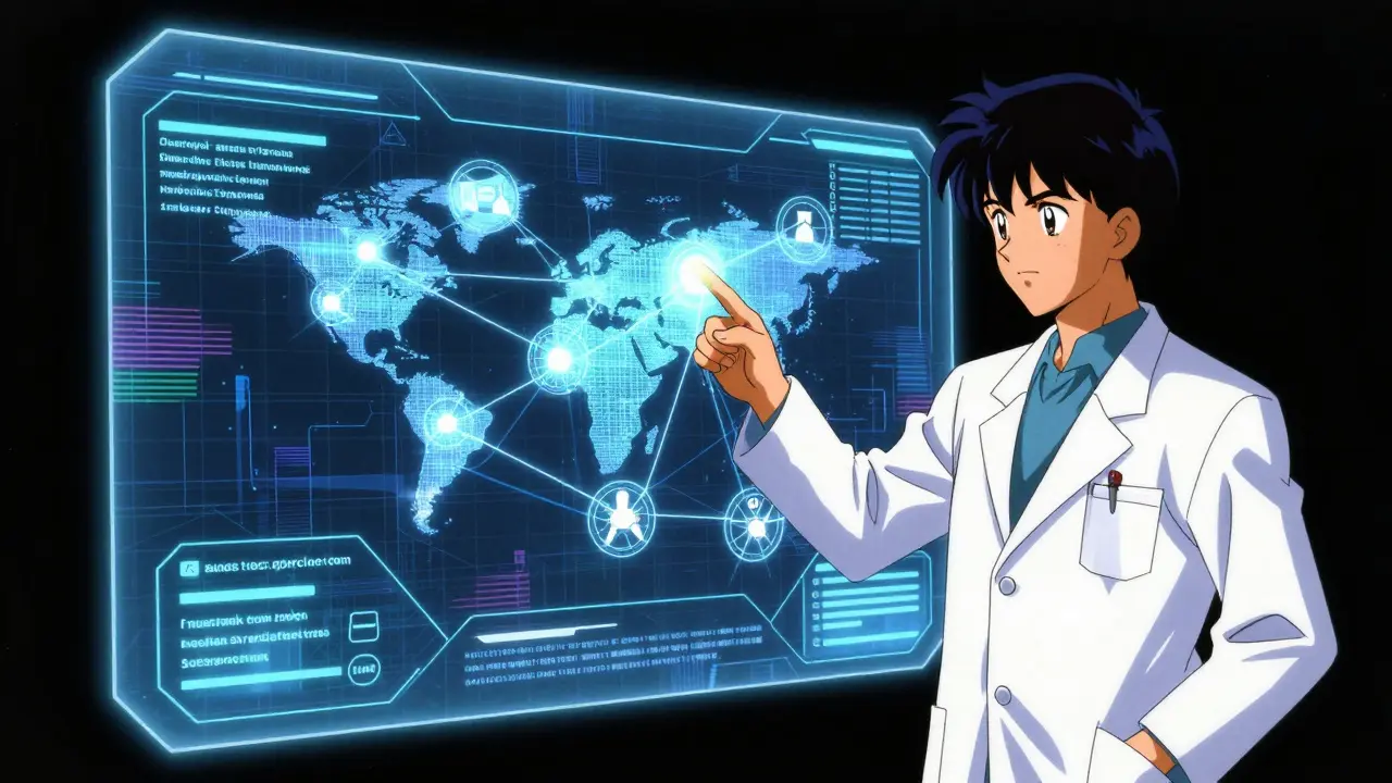 Scientist examining holographic blockchain supply chain data in anime style.