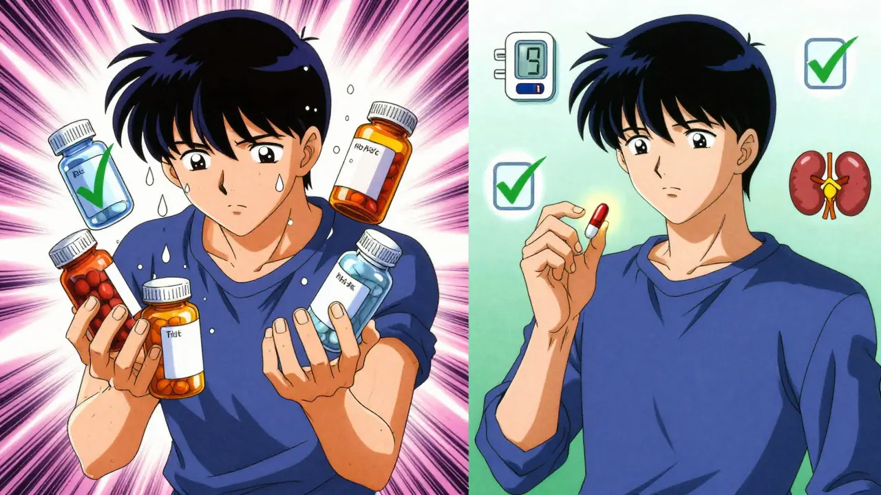 Split scene: chaotic pile of pills vs. calm single pill with health icons glowing green.