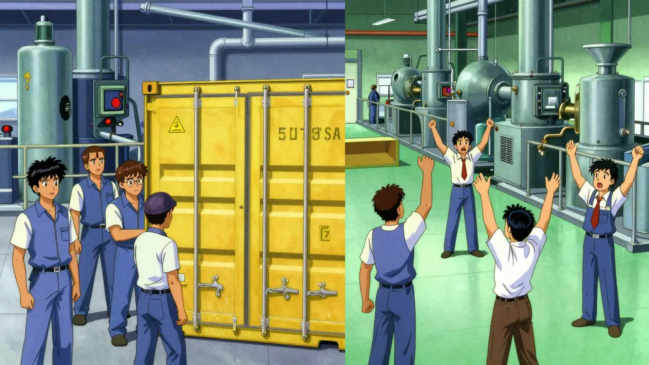 Split scene of Indian factory detention and green-list facility in anime style.