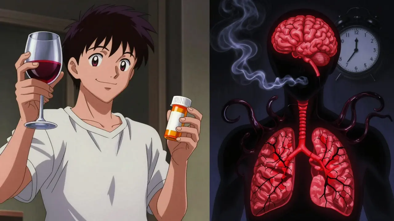Split scene showing person drinking and taking pills, with dark breath tendrils and warning symbols in the background.