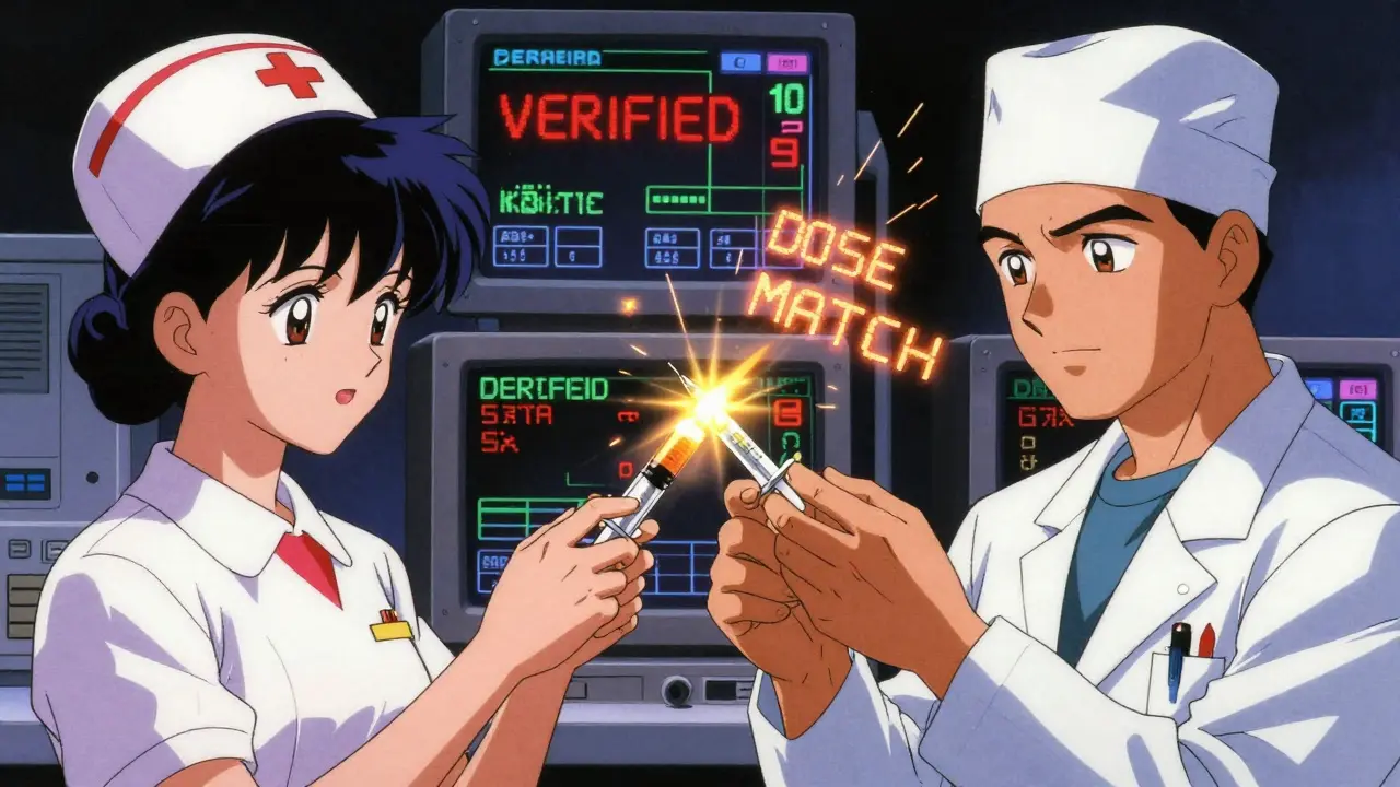 Surgeon and nurse verifying a glowing smart syringe with digital confirmation glyphs in the air