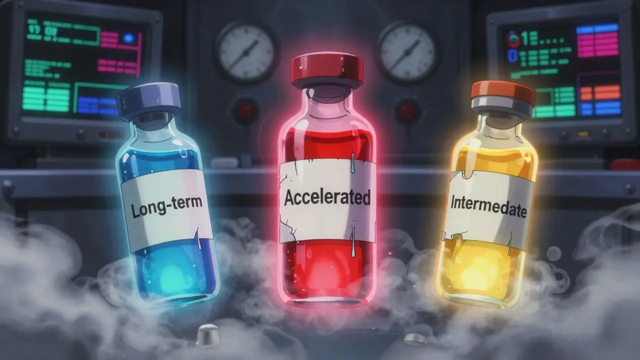 Three vials floating in a stability chamber, each emitting colored auras as heat and moisture swirl around them.