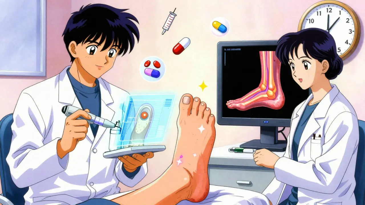 A dermatologist and rheumatologist examining a patient's swollen finger and heel tendon with holographic diagnostics.