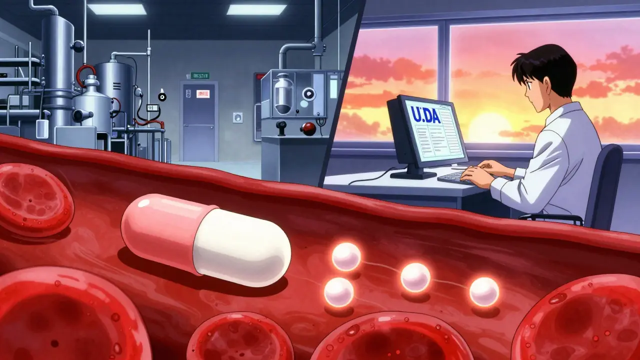 A generic pill dissolving in the bloodstream, matching the brand drug’s path, with factory and inspector scenes on split screen.