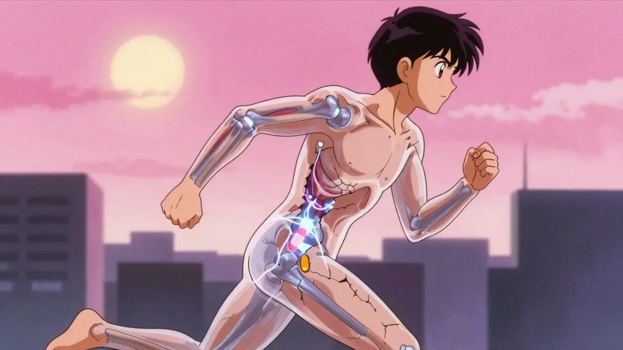 A person running with transparent body showing repaired skin and joints, illuminated by treatment symbols and dawn light.