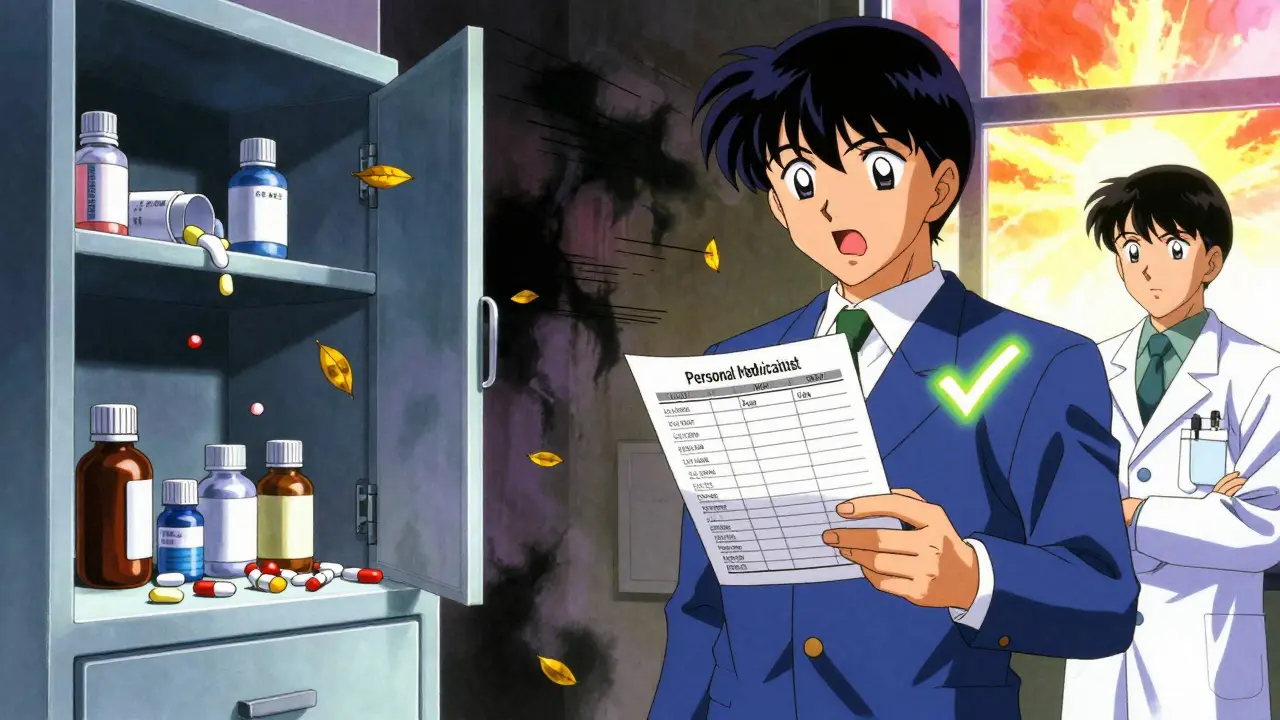 Before and after scene: chaotic medicine cabinet vs. person holding organized medication list with sunlight.