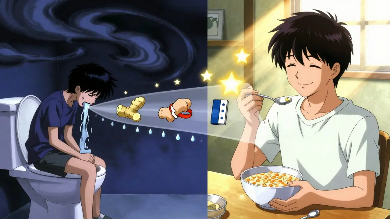 Before and after scene: nausea turning into peace over 8 weeks with healing symbols.