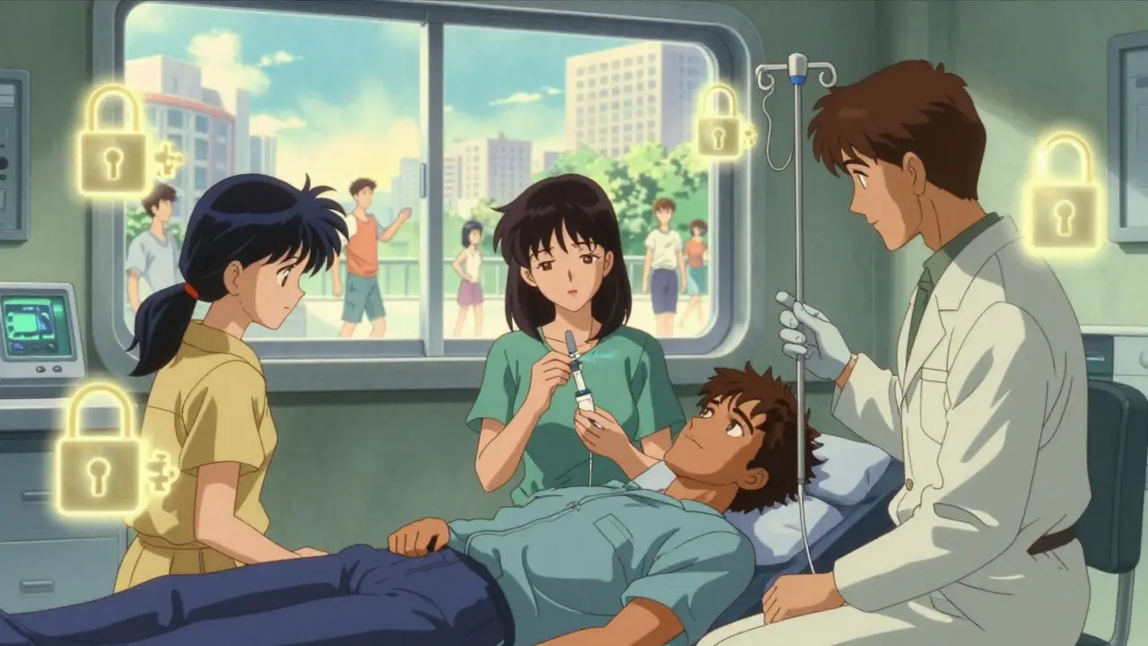 Diverse patients receiving CGRP treatments in a clinic, with glowing receptor diagrams in background.