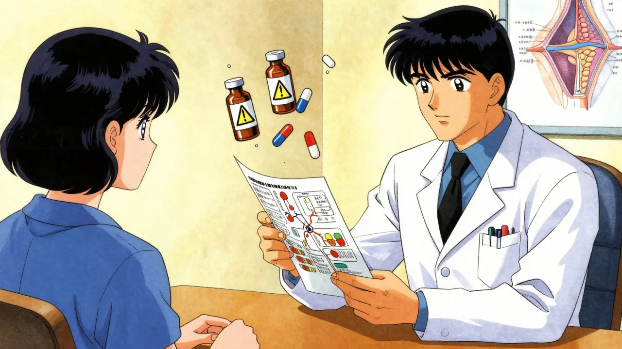 Doctor and patient reviewing treatment options with floating medical items