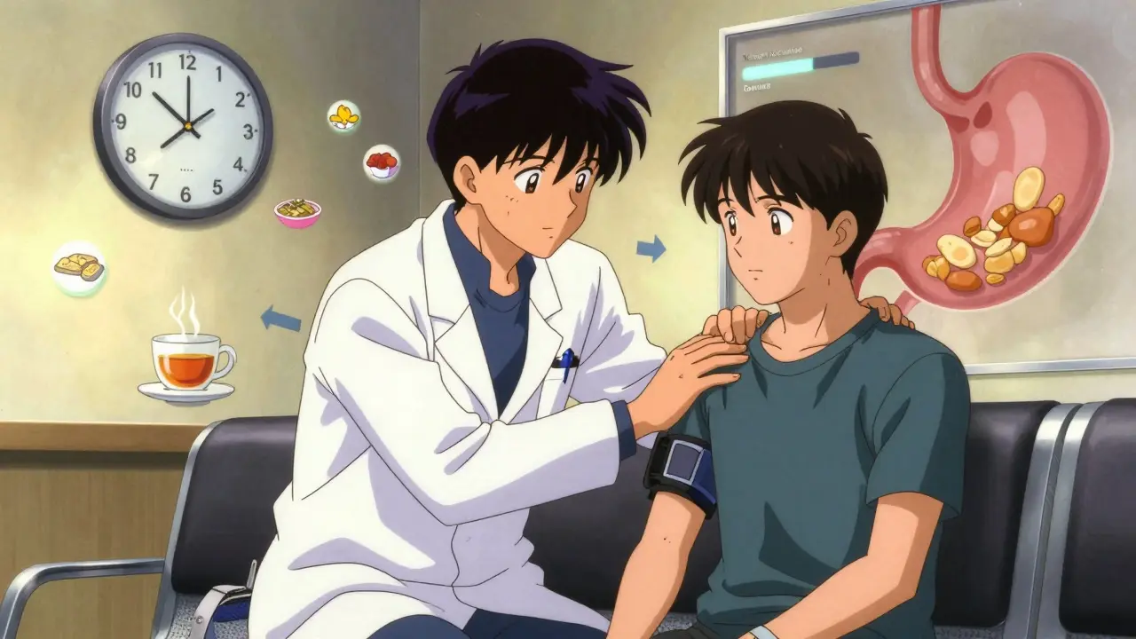 Doctor comforting patient wearing acupressure band, with visual progress indicators.