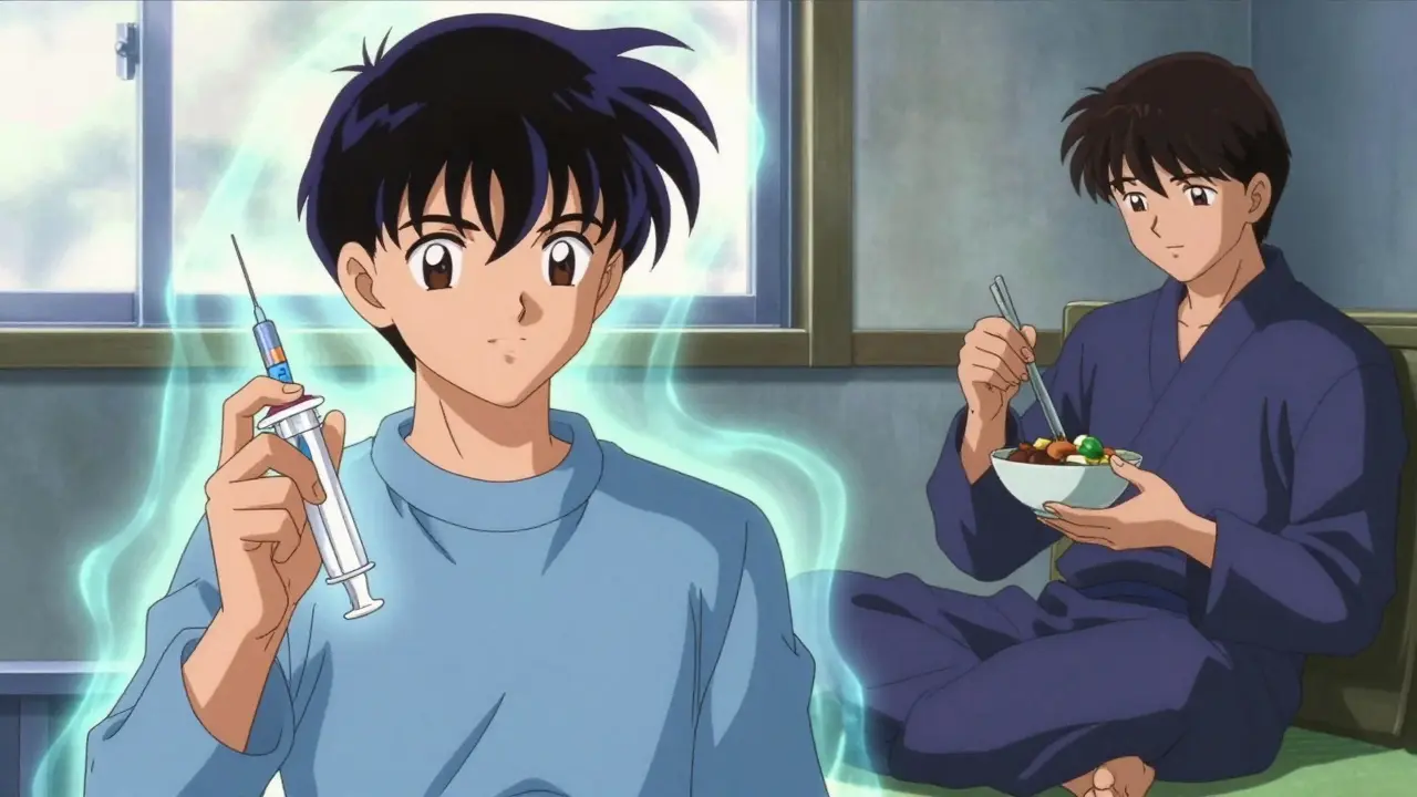 Figure gripping emergency injector alongside calm meal preparation.