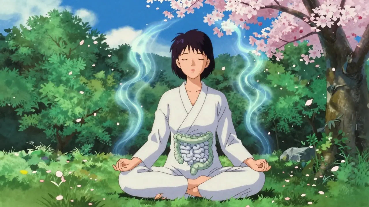 Person meditating in garden symbolizing stress reduction and gut health