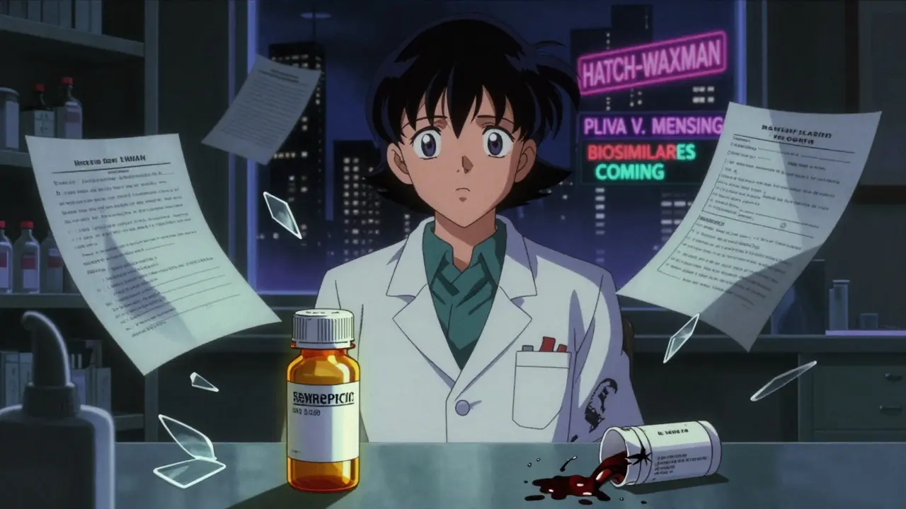 Pharmacist surrounded by legal documents and shattered lawsuits, golden brand drug glowing beside a leaking generic.