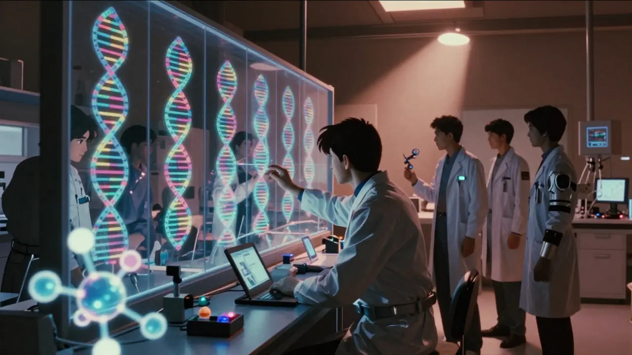 Researchers studying DNA in bright science laboratory setting