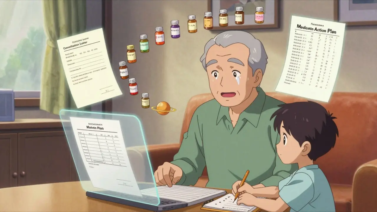 Senior man in home video call with pharmacist, floating medication documents and grandson taking notes.