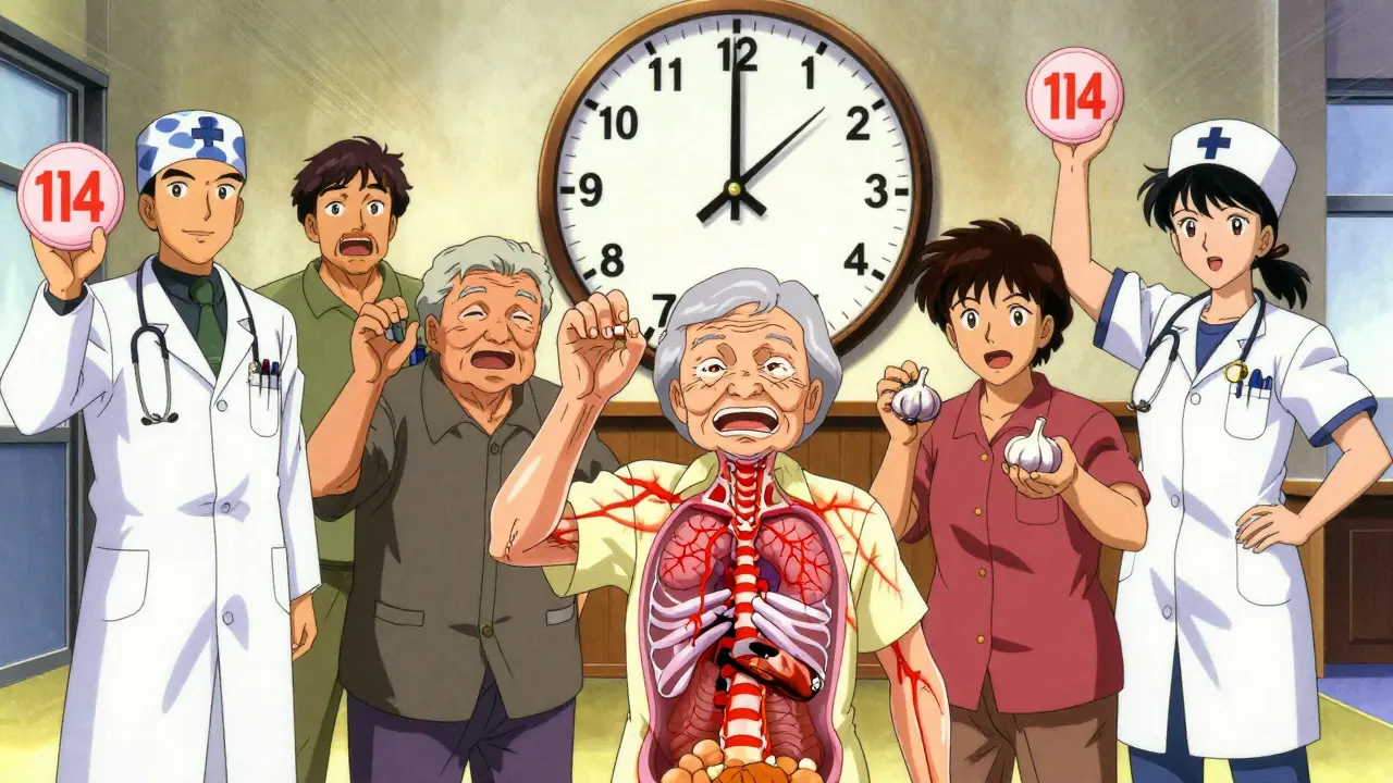 Seniors holding garlic pills as doctors warn them, one woman's body showing internal bleeding, with a countdown clock in background.