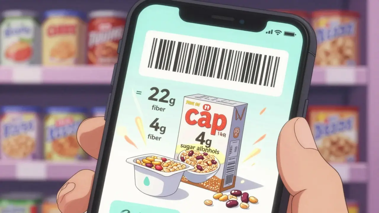 Smartphone screen showing a carb-tracking app calculating net carbs from a cereal box label.