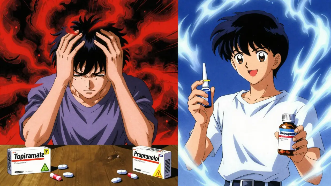 Split scene: chaotic migraine storm vs. calm life with CGRP inhibitor pills and nasal spray.